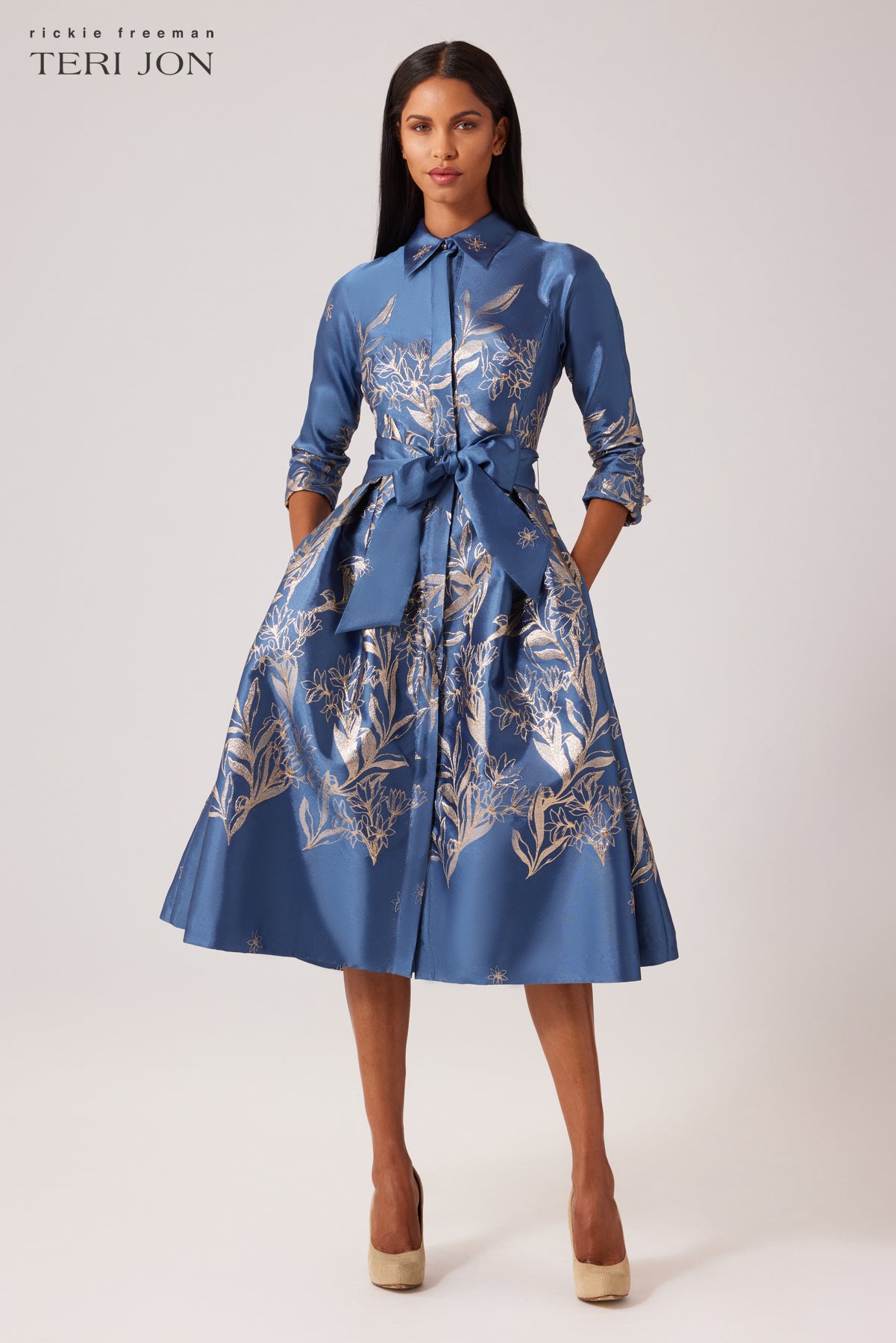 Metallic Jacquard Cocktail Shirt Dress