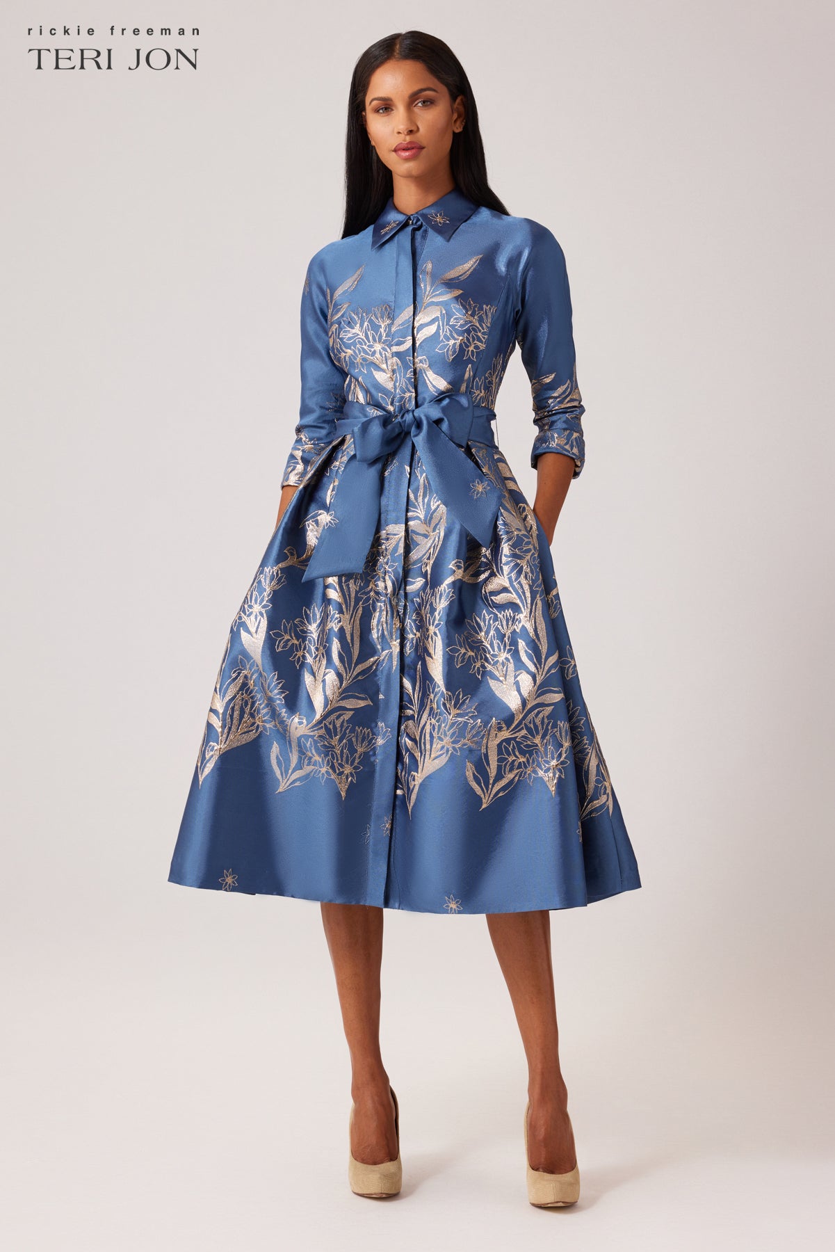 Metallic Jacquard Cocktail Shirt Dress