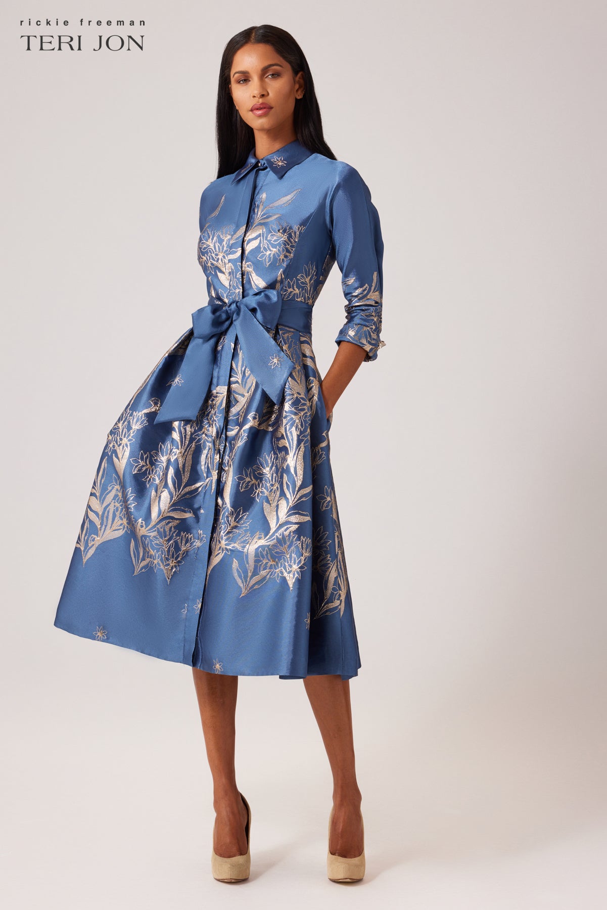 Metallic Jacquard Cocktail Shirt Dress